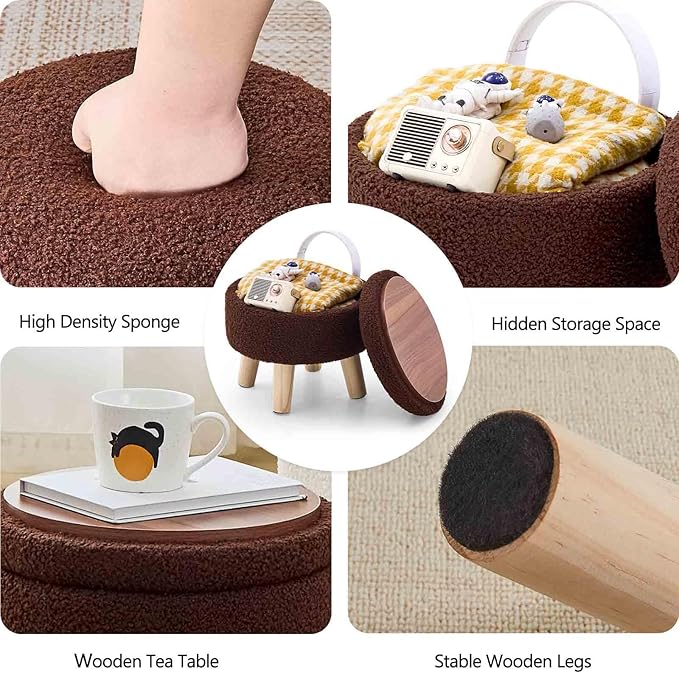 Wimarsbon Storage Ottoman, Modern Round Footrest with Soft Padded Seat, Teddy Velvet Footstool with Wood Legs, Accent Small Table or Plant Stand for Hallway, Living Room (Brown)