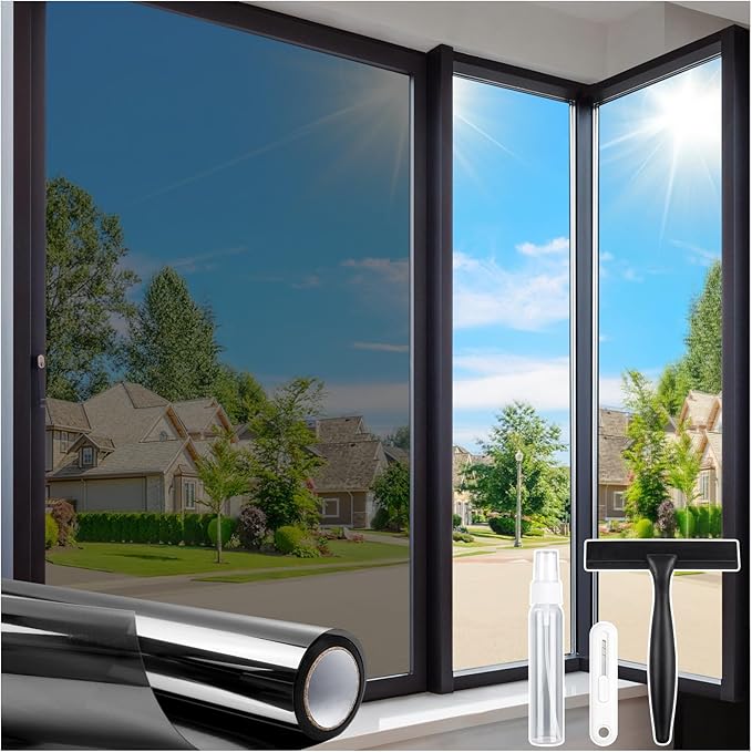 Homein One Way Privacy Window Film with Tool Window Tint for Home See Out Not in Heat Control Sun Blocking Mirror Reflective Anti UV Covering Static Cling No Glue Black-Sliver 17.5 x 157.4 inch