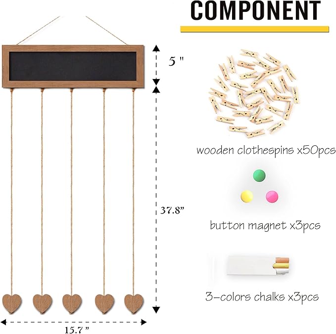 Picture Frames Collage Display Board with 30 Clips - Multi Photos Cards Organizer with Adjustable Twines and Magnetic Blackboard - DIY Wall Decor Hanging Picture Holder 15.7x5 Inches
