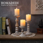 Candle Holder for Pillar Candles: Romadedi Set of 3 Decorative Wood Candlestick Holders, Rustic Wooden Candle Stand for Fireplace Mantle End Table Shelf in Farmhouse Style, Whitewashed 6”, 8.3”, 12”