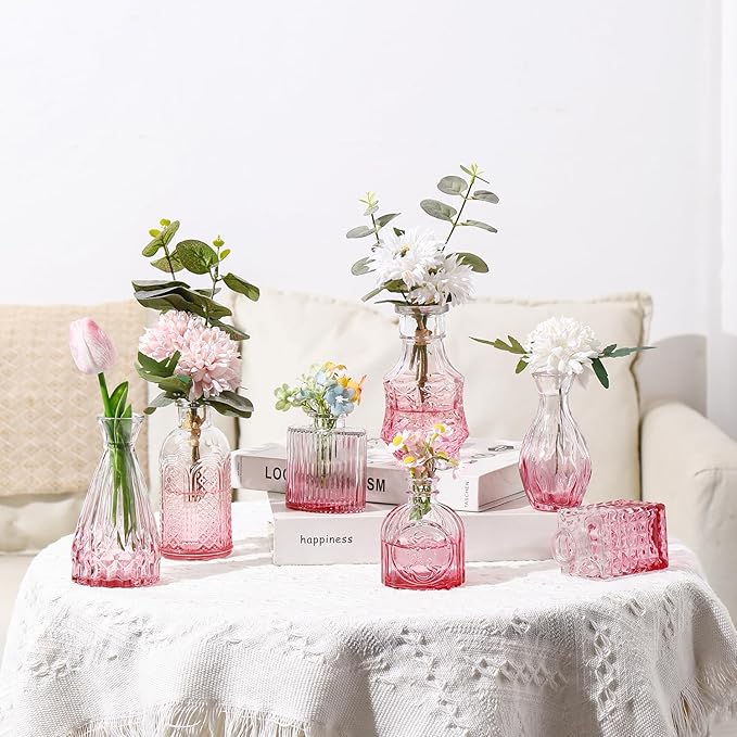 Bud Vases in Bulk 30, Pink Glass Vases for Centerpieces, Small Vase for Flowers, Small Flower Vase for Centerpieces, Mini Vintage Vases for Wedding Table Decor