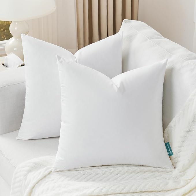 Oubonun 18 x 18 Down Feather Throw Pillow Inserts - Fluffy and Plush Odor-Free Fill - 100% Breathable Cotton Fabric for Couch Sofa Bed, White, Pack of 2