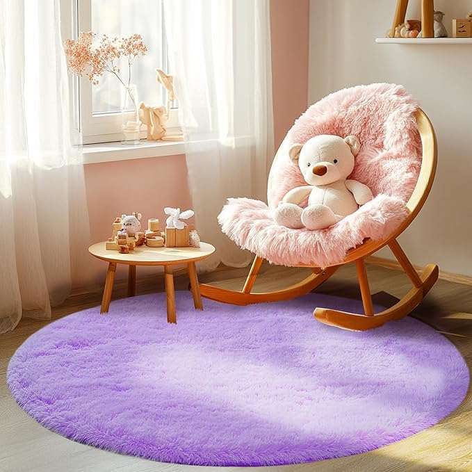 CAIYUECS Purple Round Fluffy Rug for Bedroom: Circle Rugs for Kids Room- Plush Shag Area Rug for Girls- Fuzzy Soft Bedroom Rug, Cute Room Decor, Purple