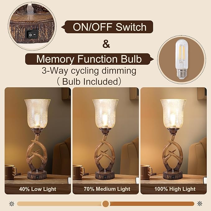 Scenekoy Antler Table Uplight Lamp for Living Room Bedroom, 20.5” Resin Memory Function Bedside Lamps with Glass Shade, Rustic Nightstand Lamp with USB Ports for Home Room Decor (Bulb Included)