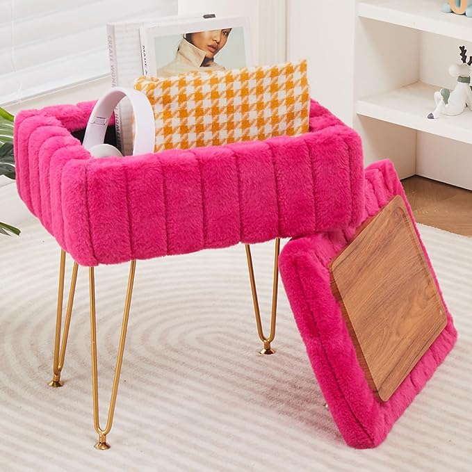 Wimarsbon Faux Mink Fur Storage Ottoman, Modern Soft Footstool, Storage Bench with Metal Legs, Vanity Seat, Fur Stool, Ottoman Coffee Table, Makeup Chair, Vanity Stools for Bedroom (Rose Red)