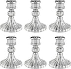 Glass Candlestick Holder,Striped Taper Candle Holders,Set of 6 Candle Stand for Table Centerpieces, Home Decor,Weddings,Festival and Parties (Silver Stripe)