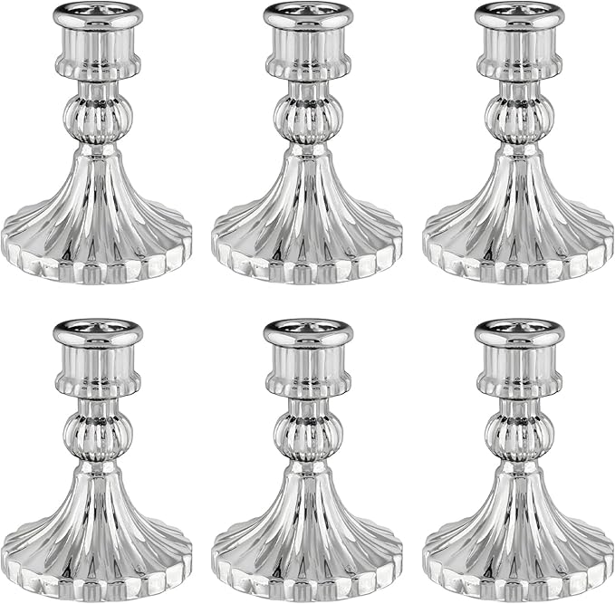 Glass Candlestick Holder,Striped Taper Candle Holders,Set of 6 Candle Stand for Table Centerpieces, Home Decor,Weddings,Festival and Parties (Silver Stripe)