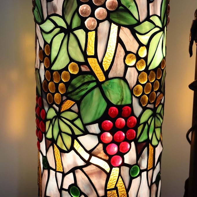 Bieye L10399 Grapes Tiffany Style Stained Glass Long Cylinder Table Lamp, Floor Lamp, 33-inch Tall