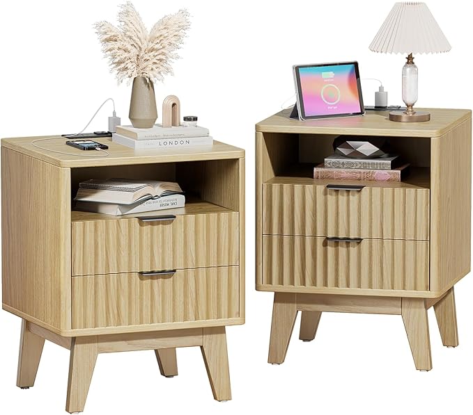 Nightstand Set of 2 with Charging Station, Modern Fluted 2 Drawers End Tables, Side Tables with Storage Shelf for Bedroom, Office, Natural Oak