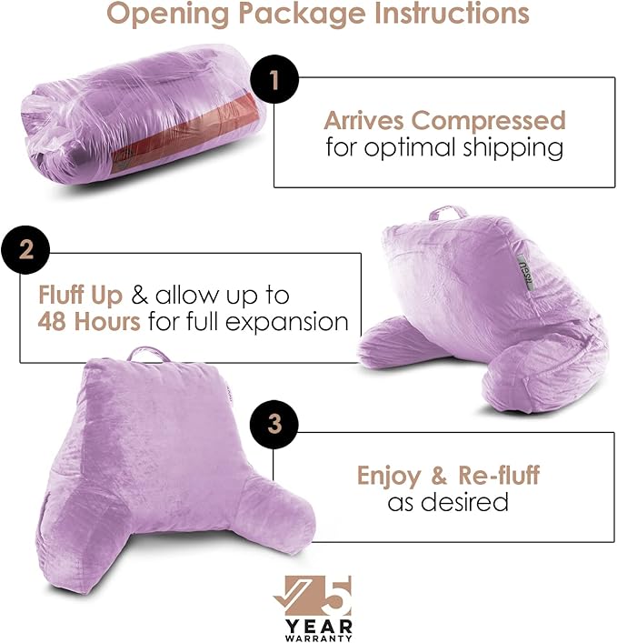 Nestl Reading Pillow Standard Bed Pillow, Back Pillow for Sitting in Bed Shredded Memory Foam Chair Pillow, Reading & Bed Rest Pillows Lavender Back Pillow for Bed, Bed Chair Arm Pillow with Pockets