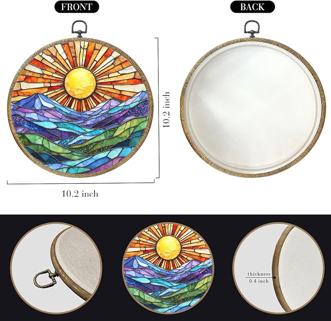 Colorful Mountain Sunset Bohemian Style Rainbow Sunrise Art Gift Framed Round Wall Decor Canvas Wall Art Hanging Prints Artwork for Home Nursery Bedroom Door Office Porch Decorations 10.2X10.2 Inch