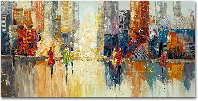 Canvas Wall Art Abstract Cityscape Painting Modern New York City Artwork Lady Romantic Street Scenery Picture Home Office Decor