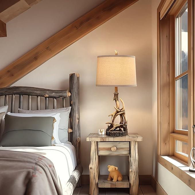 Rustic Table Lamp 27.25'' Tall Deer Antler Lamps for Living Room End Table with USB Port Western Country Lamps for Bedroom Cabin Bedside Lamps for Nightstand, Single, Bulb Not Included