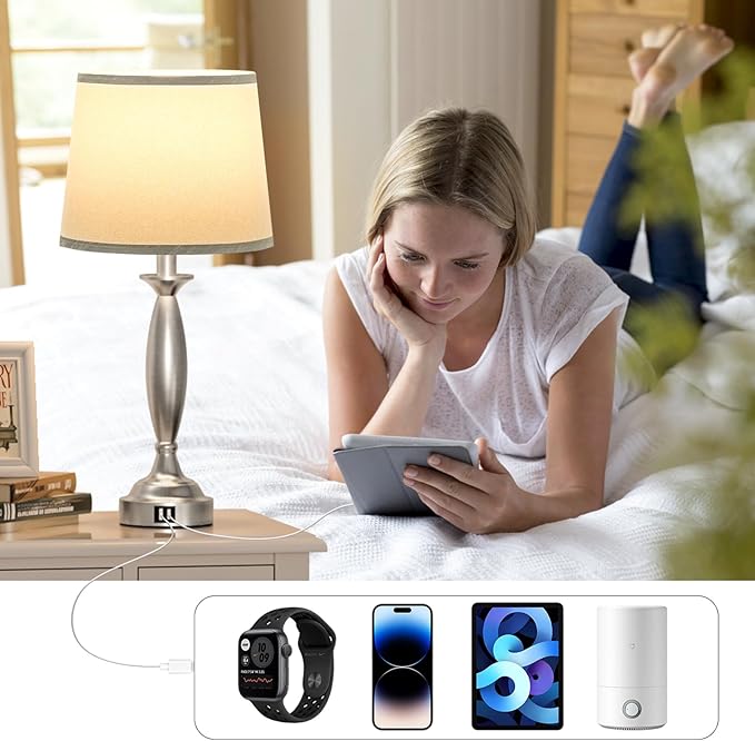 Bedrooms Touch Control Bedside Lamp with USB C+A, 3 Way Dimmable Nightstand Lamps with USB Port, Brushed Nickel Table Lamp for Living Room Guest Room Bed Side End Table, Set of 2