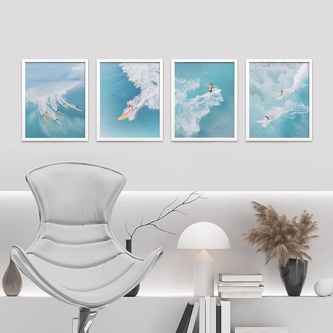 SIGNWIN Framed Ocean Nautical Landscape Wall Art, Set of 4 Surfing Surfboard Aerial View Wall Decor Prints, Nature Wilderness Wall Décor for Living Room, Bedroom - 11"x14"x 4 White