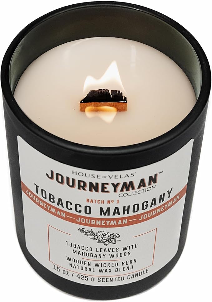 Journeyman Collection Candle, 15oz, Wooden Wick, Tobacco Mahogany, Large Painted Jar