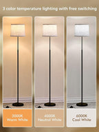 60" Modern Floor Lamp for Living Room Bedroom, Standing Lamp with Oatmeal Linen Lampshade, Tall Lamp with A19 9W 3 Color Temperature Bulb, Foot Switch Control, Black