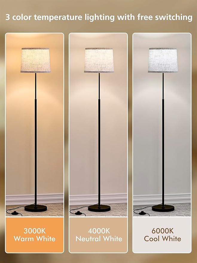 60" Modern Floor Lamp for Living Room Bedroom, Standing Lamp with Oatmeal Linen Lampshade, Tall Lamp with A19 9W 3 Color Temperature Bulb, Foot Switch Control, Black