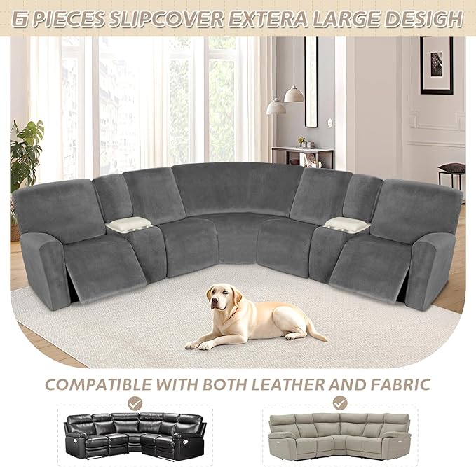 Arfntevss Sectional Recliner Couch Covers Velvet Washable Corner Sectional Sofa Cover for Reclining Couch Stretch Soft Thick L Shape Recliner Slipcover Set (5 Seat with 2 Console Cover, Middle Gray)