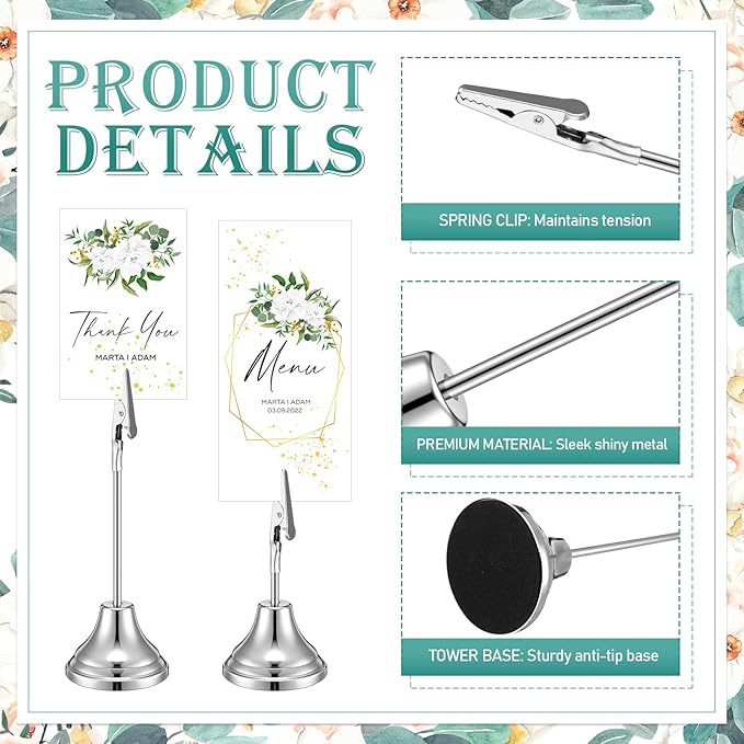 20 Pcs Table Number Holders 4/6/8/10 Inch Metal Place Card Holders with Alligator Clip Heavy Base Wedding Table Number Stand Picture Photo Clip for Banquet Party Birthday Restaurant(Silver)