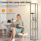 OUTON Floor Lamp with Shelves, LED Shelf Floor Lamp with 1 USB & 1 Type C Ports, 1 AC Outlet, 3 Color Temperature, Storage Display Wood Column Tall Standing Lamp for Living Room, Bedroom Office, Grey