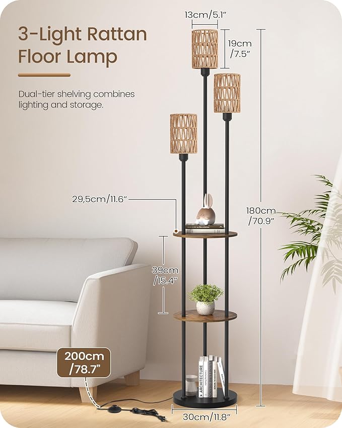 Floor Lamp with Shelves, Boho Floor Lamp with Foot Switch, 3-Light Standing Lamp, for Living Room, Bedroom, Study, Rustic Brown and Yellow YF53LD05 ﻿