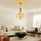Modern Gold Crystal Chandelier, 20 Inch Large Ceiling Pendant Light Fixture with 50'' Adjustable Hanging Chain, 5-Light Farmhouse Chandelier for Dining Room, Living Room, Bedroom, Entryway