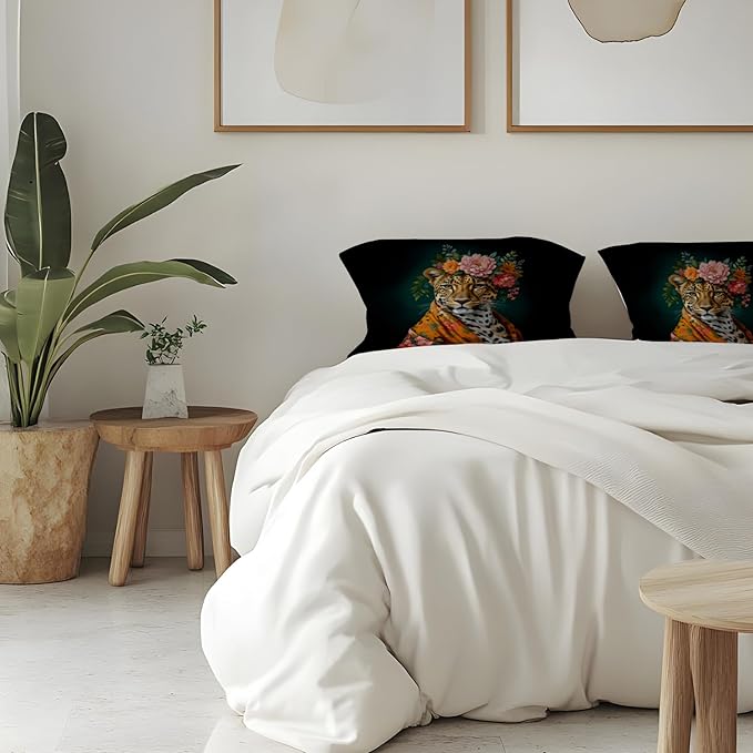 Trendy Maximalist Floral Leopard Eclectic Pillow Covers 18x18, Cheetah Print Room Decor, Eclectic Home Decor, Funky Colourful Floral Leopard Decorative Throw Pillow Covers for Home Room