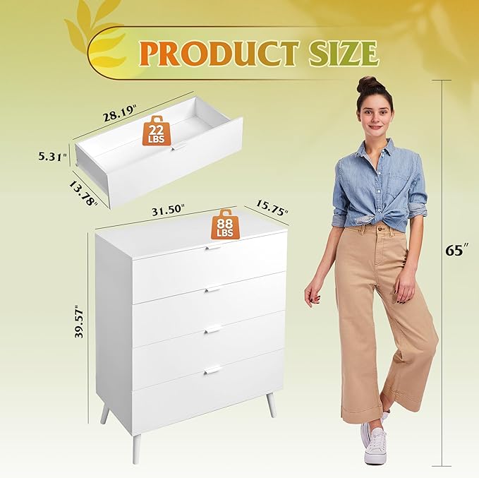 WLIVE 4 Drawer Dresser for Bedroom, White Tall Dresser, Modern Wood Dressers with Sturdy Metal Handle, Small Chest of Drawers for Living Room, Hallway