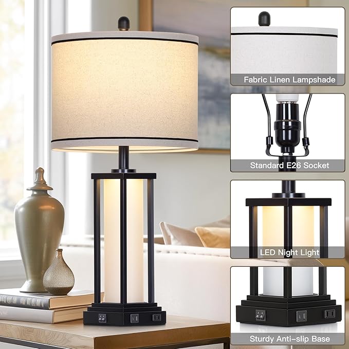 27" Tall Vintage Table Lamp with USB C+A & Outlet,Black Industrial End Table Lamp for Living Room,Farmhouse Rustic Bedside Lamp with Frosted Glass Night Light for Bedroom Nightstand,Black-1P