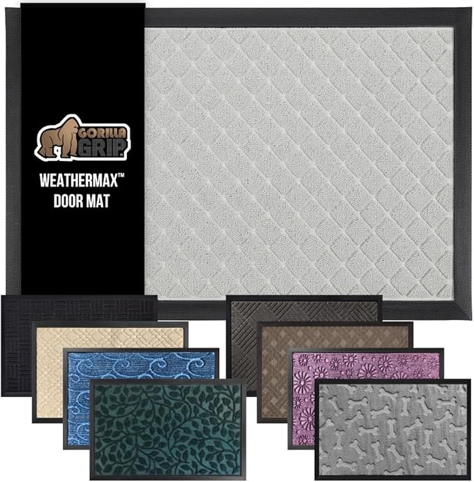 GORILLA GRIP 100% Waterproof All-Season WeatherMax Doormat US Designed Natural Rubber, Stain and Fade Resistant, Low Profile Indoor Outdoor Door Mats, Easy Clean Patio Mat, 23x35, Light Gray