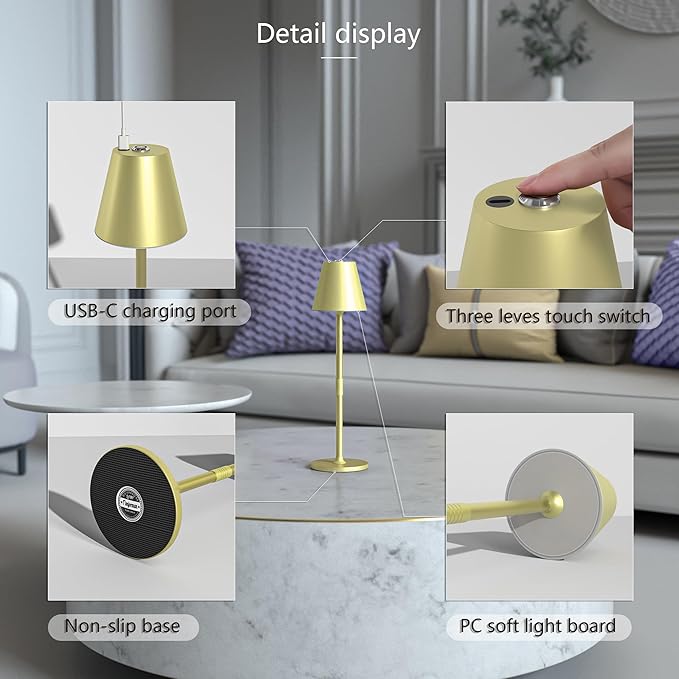 LED CordlessTable Lamp,4000mAh Rechargeable Battery Desk lamp,3 Level Brightness Night Light, Simple Design, for Couple Dinner/Coffee Table/Restaurant/Bedroom(Champagne Gold 4Pack)
