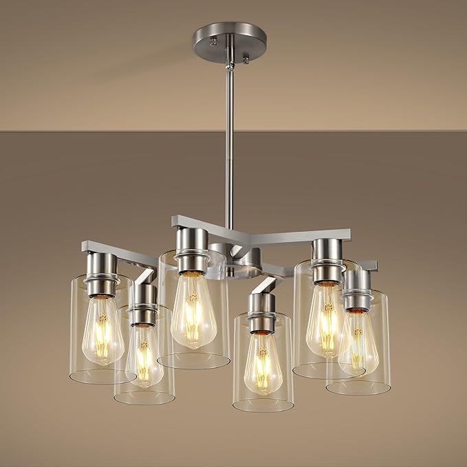 6-Light Farmhouse Brushed Nickel Chandelier,Modern Chandeliers for Dining Room Light Fixture Over Table,Adjustable Hanging Industrial Rustic Pendant Lights Kitchen Island Light with Clear Glass Shade