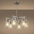 6-Light Farmhouse Brushed Nickel Chandelier,Modern Chandeliers for Dining Room Light Fixture Over Table,Adjustable Hanging Industrial Rustic Pendant Lights Kitchen Island Light with Clear Glass Shade