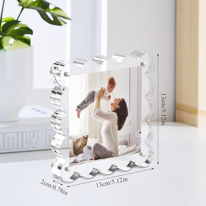 Clear Picture Frames 3Pack - Acrylic Magnetic Photo Frame 4×4 Inch, Double Sided Magnet Frames with Scalloped Edges, 10+10mm Thick Freestanding Gift for Office/Home(Clear, 4x4)
