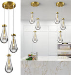Raindrop Pendant Lights Kitchen Island Teardrop Gold Hanging Light Fixtures Clear Solid Glass Pendant Light Modern Chandeliers for Dining Room Porch Corridor Living Room(3-Light)