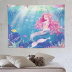 HZOHNAGO Mermaid Girls Tapestry Watercolor Mermaid Princess Pink Hair Pattern for Kids Room Decoration Printed Wall Tapestry Wall Hanging for Bedroom Living Room Dorm 80" W x 60" H