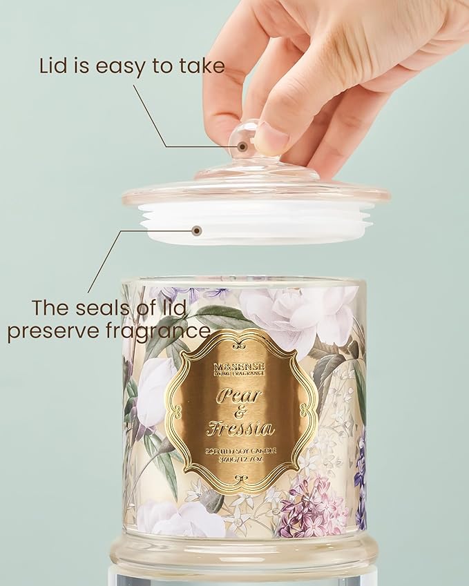M&SENSE Pear Fressia Candles Home Scented, Organic Soy Candle 12.7oz 75 Hour Long Lasting Slow Burning, Spring Floral Fragrant Relaxing Aromatherapy Candle, Aaesthetic Candle Gift for Women