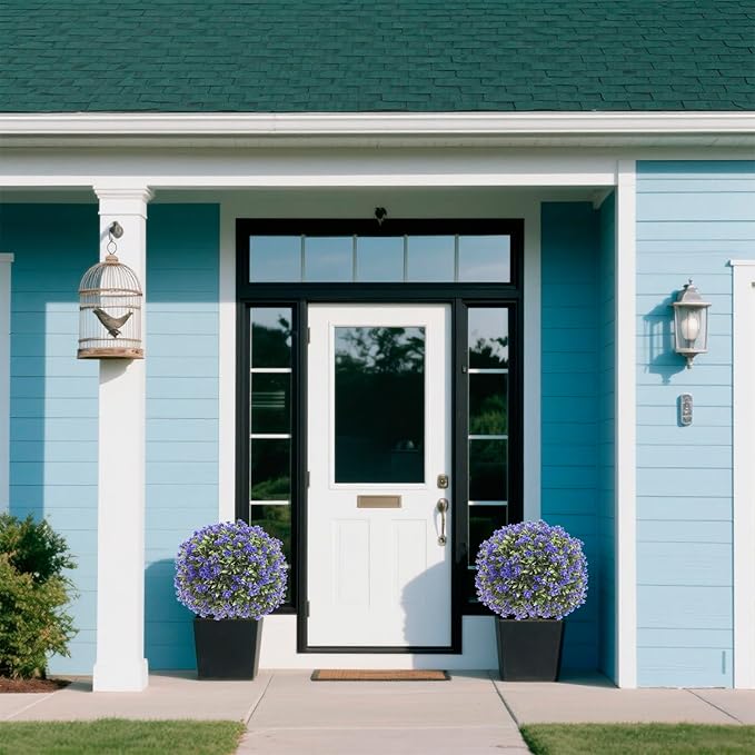 Set of 2 Artificial Boxwood Topiary Ball Trees with Purple Flowers for Outdoor with Ground Spike 29.5", UV Resistant Faux Greenery Shrubs, Fake Plants for Garden, Porch, Patio Valentine's Day Decor