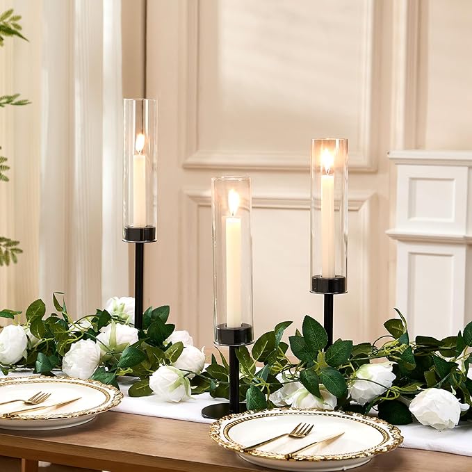 Black Hurricane Candle Holders Set of 3, Tall Metal & Windproof Glass Taper Candle Holders, Outdoor/Indoor Table Centerpieces for Weddings, Christmas, Parties, Fireplace Decor