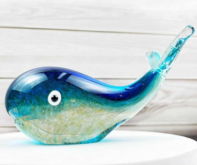Crystal Whale Figurine Hand Blown Glass Whale Statue Collectibles Art Glass Sea Animal Paperweight Home Table Decor Gift Colorful 5.1''