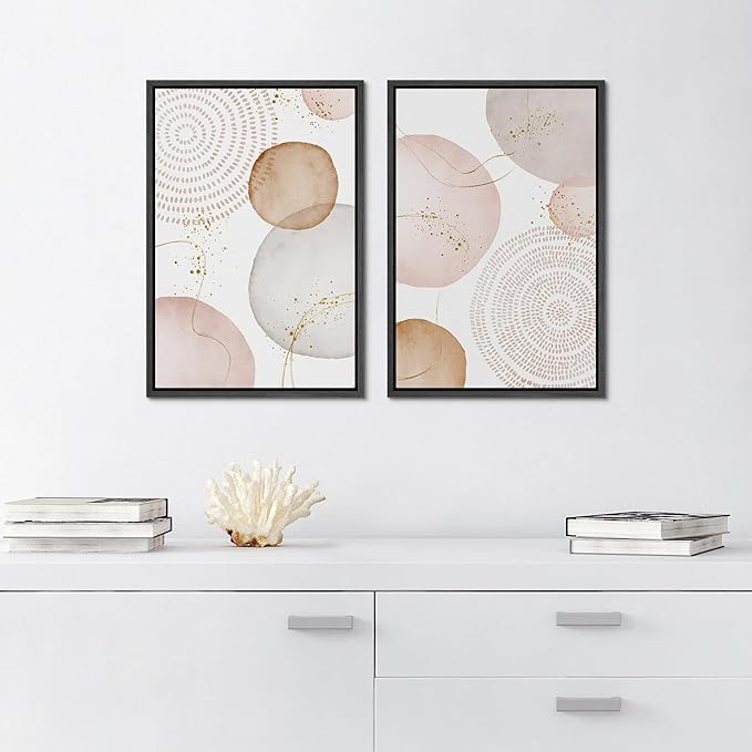 SIGNFORD Framed Wall Art Print Set Pastel Pink Gray Watercolor Circles Abstract Shapes Illustrations Modern Minimalist Relax/Calm Multicolor for Living Room, Bedroom, Office - 24"x36"x2 Black