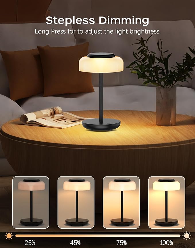 QiMH Battery Operated LED Table Lamp, 5000mAh Rechargeable Cordless Lamp, Stepless Dimmable Touch Control, Small Waterproof Desk Night Light for Living Room, Bedroom, Outdoor Bar (Black)
