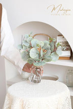 Artificial Eucalyptus Stems in Glass Vase with Faux Water,5Pcs Fake Plant with Double-Sided Leaves and Green Seeds for Centerpiece (Double-Sided Green Eucalyptus with Seed)