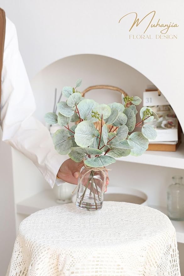 Artificial Eucalyptus Stems in Glass Vase with Faux Water,5Pcs Fake Plant with Double-Sided Leaves and Green Seeds for Centerpiece (Double-Sided Green Eucalyptus with Seed)