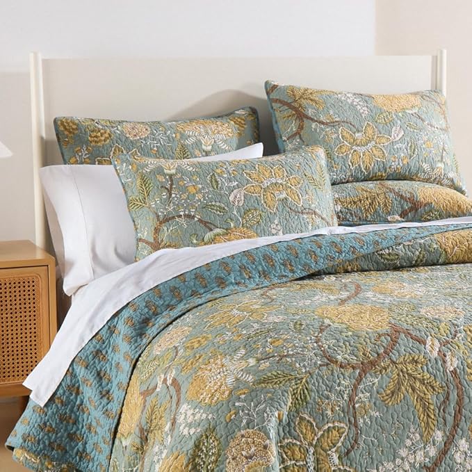ENASAL Cotton Bedspread Quilt Sets Reversible Bedding Coverlet Sets Comforter, Vintage Floral Farmhouse Pastoral Turquoise Bedspread, King Size