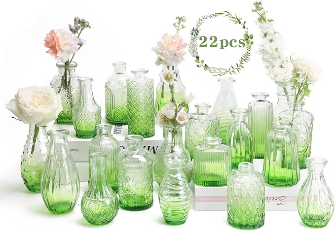 22 Pack Bud Vase in Bulk - BEAHOT Green Flower Vases for Wedding Decorations, Glass Vase for Table Decorations, Small Vase for Home, Mother's Day, Centerpieces, Party, Office(Green Gradient)
