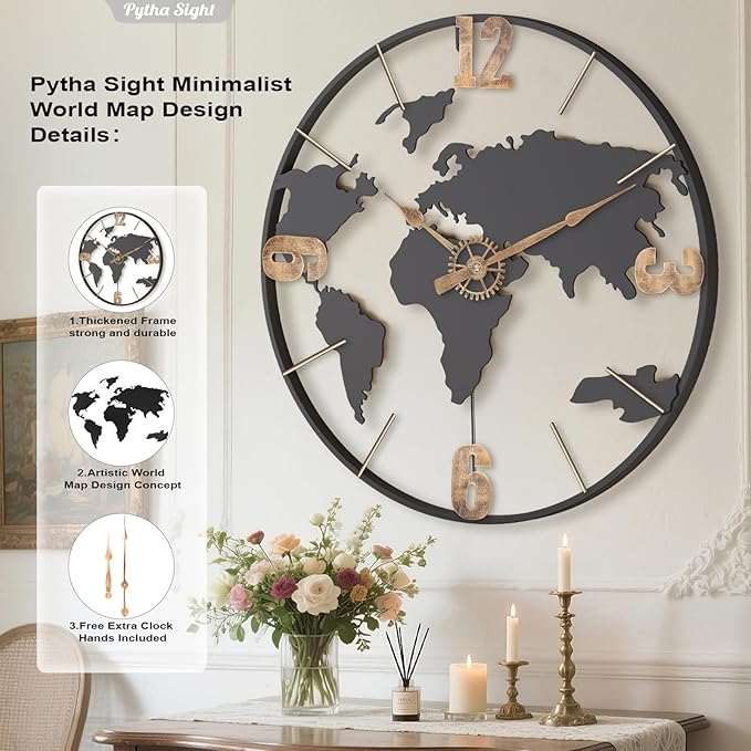 22 Inch Large Wall Clock,Modern Decorative Big World Map with Vintage Gold Arabic Numeral Extra Giant Metal Oversized Wall Clocks for Living Room,Office,Kitchen,Dining Room,Bedroom