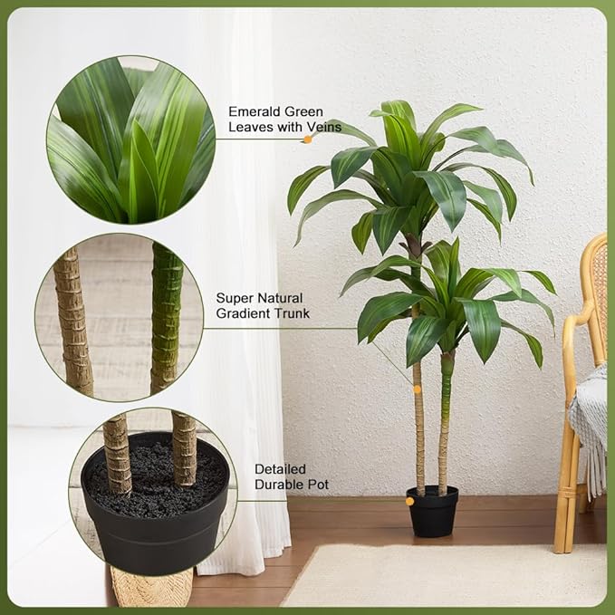 Artificial Dracaena Tree, 4FT Tall Fake Plants with UV Resistant Leaves, Faux Tropical Yucca Trees for Indoor Outdoor, Potted Large Floor Plant for Home Decor Living Room Porch, VN123