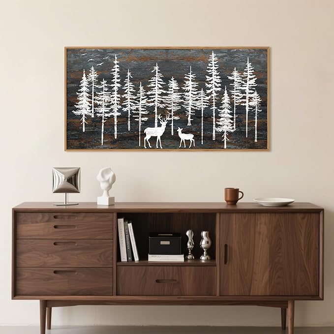Modern White Forest Framed Canvas Wall Art Set, Minimalist Woodland Art Painting, Retro Tree Landscape Wall Decor, Wildland Deer Artwork for Living Room, Dining Room, Office - 20"x40"